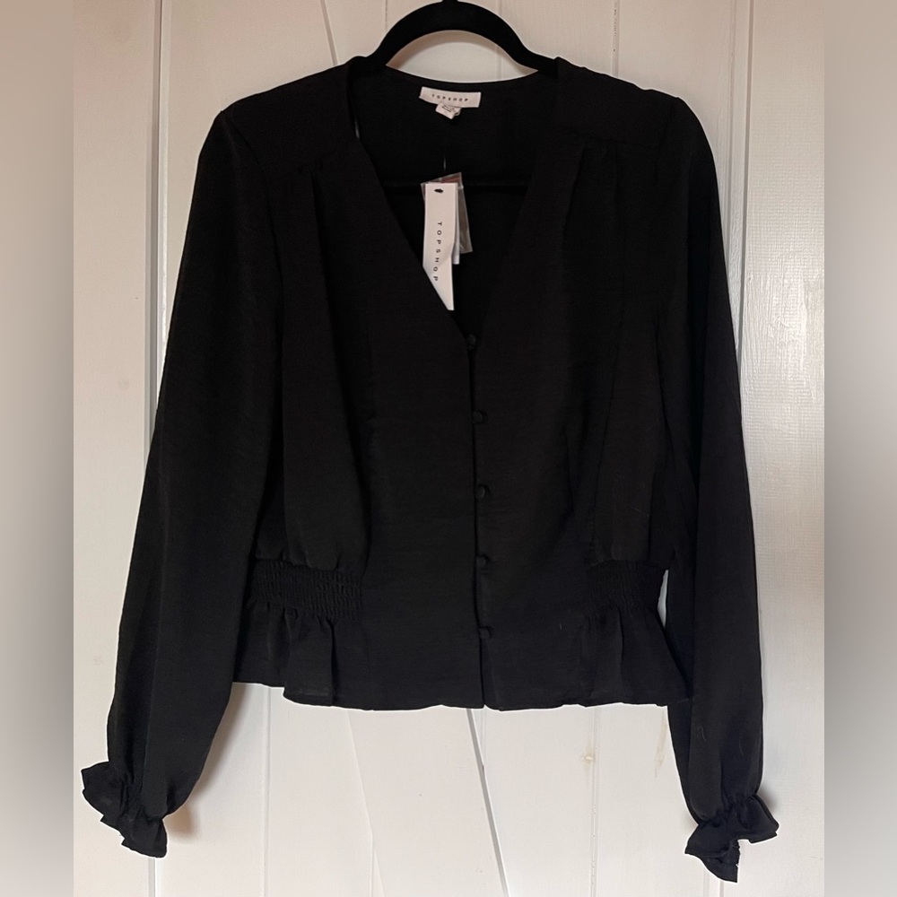 Topshop Women’s V-Neck Button Blouse NWT, Black, US Size 8